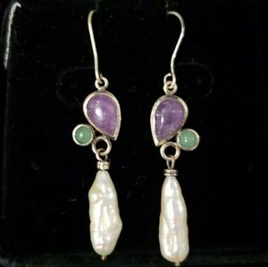 Fine Jewelry Vintage - Natural Pearls with Amethyst & Jade Gem Stones Earrings